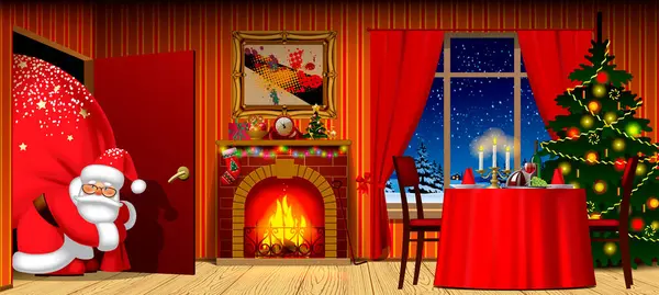 Санта Клаус Большим Красным Мешком Входит Комнату Отдыха Камином Столом Лицензионные Стоковые Иллюстрации
