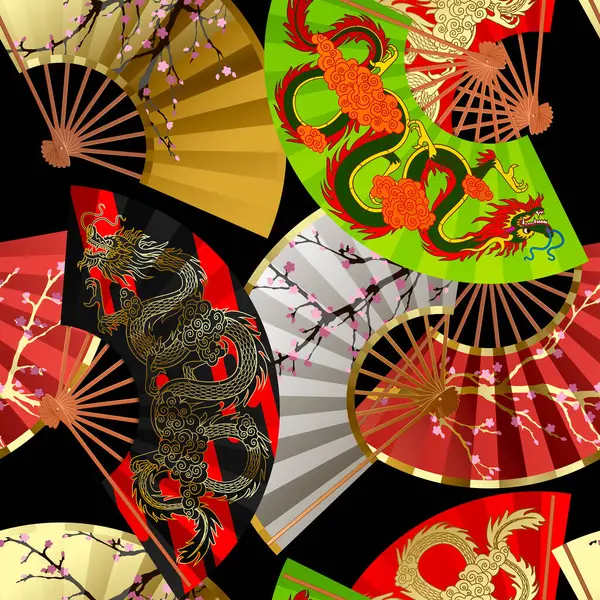 シームレスなパターン背景 日本と中国のカラフルなファン 桜の枝と黒のドラゴン ベクトルイラスト ストックイラスト