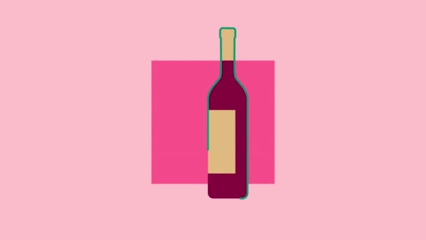 Videosalvapantallas Con Diseño Animado Plano Línea Botella Vino Vidrio Lleno — Vídeo de stock