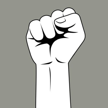 Kavganın, özgürlüğün, protestonun ve dayanışmanın sembolü olarak bir yumruğa bağlanmış siyah ve beyaz çizgi çizimi. Vektör illüstrasyonu