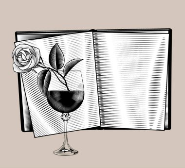 Engraved vintage drawing of a glass of wine with a rose and open book clipart