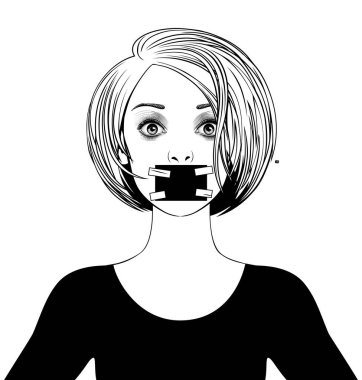 Short-haired blonde girl with a scared face holding in her hand a black tube of a retro phone clipart