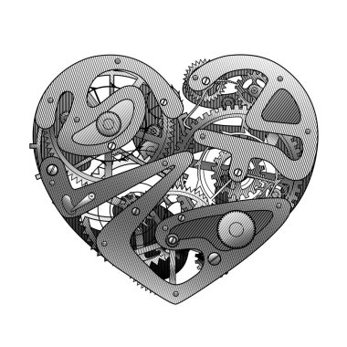 Klasik oymacılık tarzında beyaz üzerine izole edilmiş metal bir saat mekanizması çizimi