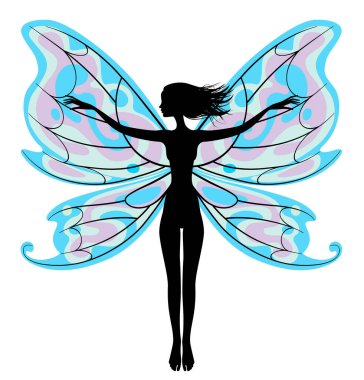 Süslü, mavi kanatlı, bembeyaz bir perinin siyah silueti.