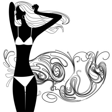 Beyaz mayo giymiş uzun saçlı bir kızın siyah silueti. Beyaz tenli, dalgalı, soyut bir su şekli.