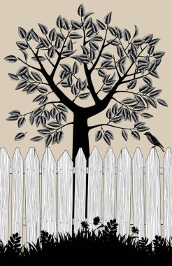 Ağaç tacının oymalı, dallı ve yapraklı eski bir resmi. Üzerinde oturan kuş ve büyüyen çimenlerin siyah silueti var.