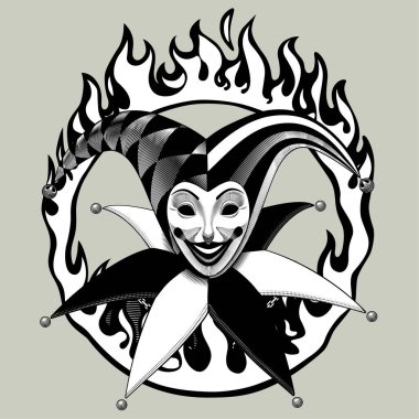 Alevli halka çerçevesinde eski oyma siyah-beyaz çizim tarzında kart başı oynayan Joker