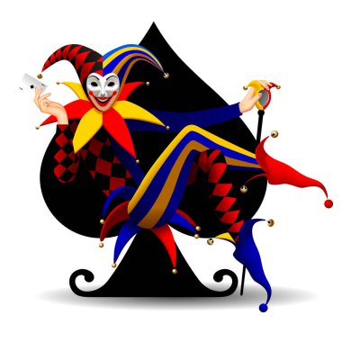 Joker maça sembolü şeklinde bir sandalyeye oturmuş elinde sopayla ve elinde bir iskambil kağıdıyla, beyaz üzerine izole edilmiş.