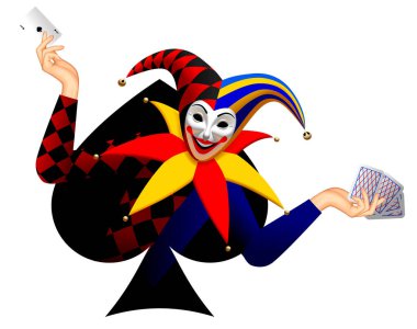 Elinde iskambil kağıtlarıyla maça takımının sembolü olan Joker beyaz üzerine izole edilmiş.