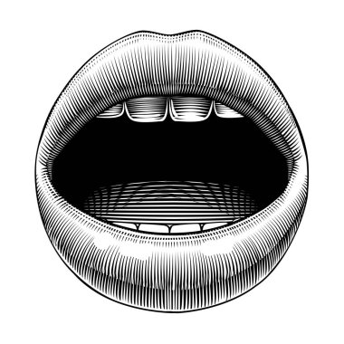 Beyaz renkte izole edilmiş açık kadın seksi ağzının klasik oymalı çizimi. Vektör illüstrasyonu