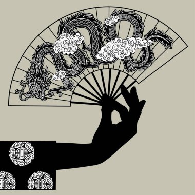 Black silhouette of female hand holding an open chinese fan with flying dragon among the clouds. Flat design and line drawing. Vector illustration clipart