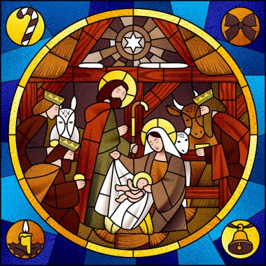 Mavi ve Noel simgelerinde bej ve kahverengi renkli Magi sahnesinin doğuşu ve tapınması ile çevrelenmiş cam.