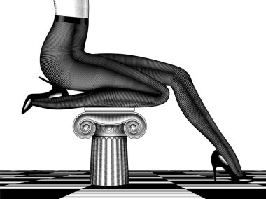 Legs of a young woman in dark tights and shiny black high-heeled shoes sitting on an antique capital on a chessboard floor in perspective clipart