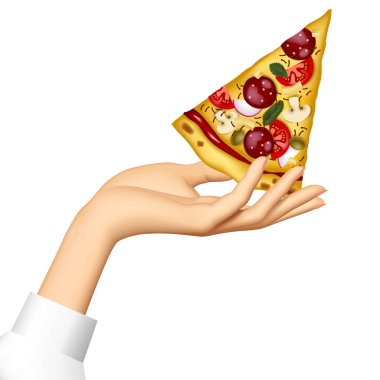 Piece of cut round pizza and woman's palm hand isolated on white clipart