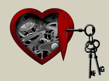 Saat mekanizmalı kırmızı mekanik kalp ve bir sürü anahtar.