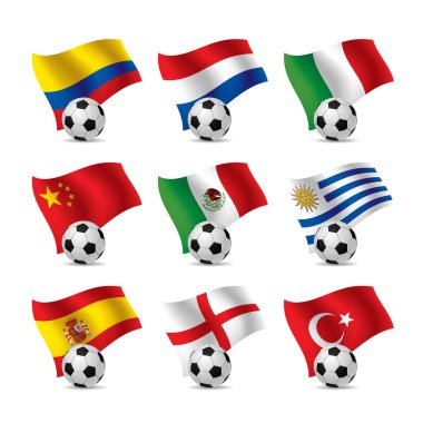Beyaza izole edilmiş futbol topları olan üç boyutlu ülke bayrakları. Şampiyonluk işaretleri ve sembolleri ve futbol yarışmaları