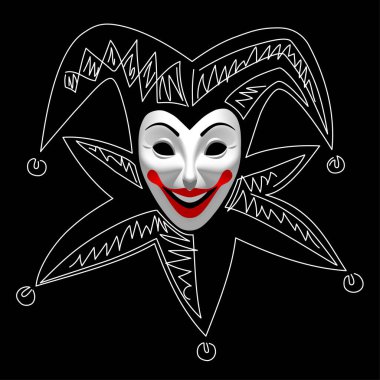 Gülen Joker maskesi 3 boyutlu oyun kartı şeklinde ve beyaz çizgi siyah üzerine izole edilmiş.