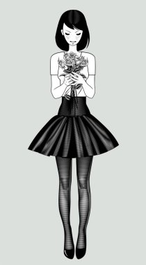Beyaz tişörtlü ve elinde güller olan kısa siyah pileli etekli bir kız. Klasik siyah-beyaz gravürlü, stilize bir resim. Vektör illüstrasyonu 