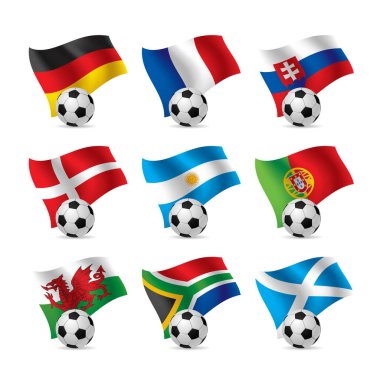 Beyaza izole edilmiş futbol topları olan üç boyutlu ülke bayrakları. Şampiyonluk işaretleri ve sembolleri ve futbol yarışmaları