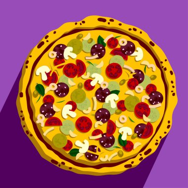 Düz dizayn edilmiş yuvarlak renkli lezzetli pizza.