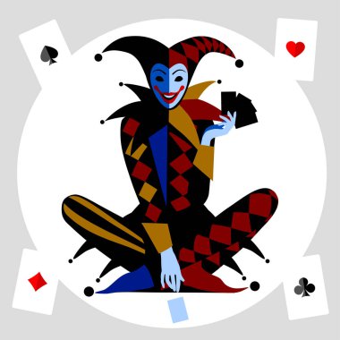Siyah ve kahverengi kololar içinde beyaz bir arka planda bağdaş kurmuş joker, her türlü iskambil kağıdının aslarıyla oturuyor.