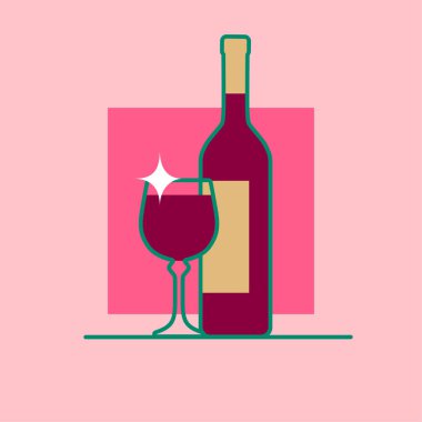 Düz çizgi şarap şişesi ve kırmızı şarap arkaplanlı cam ikonu