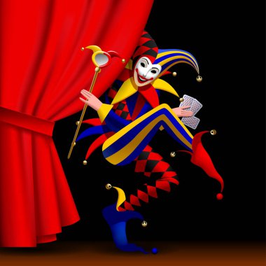 Dans eden ve gülümseyen renkli komik Joker, oyun kartlarıyla kırmızı perdenin arkasından siyah arka plana bakıyor.