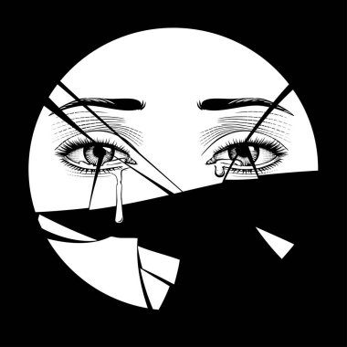 Siyah bir arka planda kırık yuvarlak bir aynanın yansımasında göz yaşları olan kadınların gözleri.