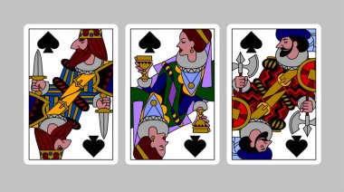 Maça takımı King, Queen ve Jack 'in kartlarını komik, modern renkli çizgisel tarzla oynuyor.
