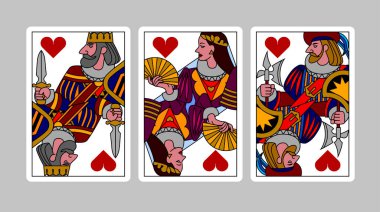 Hearts suit playing cards of King, Queen and Jack in funny modern colorful linear style clipart