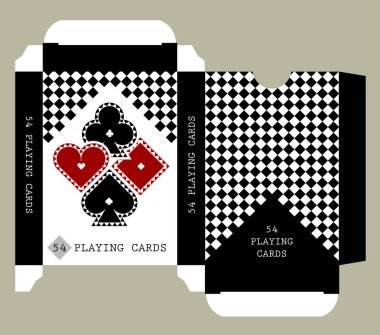 Playing card tuck box template design with suit symbols and chess background in modern style clipart