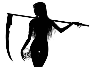 A black silhouette of a naked girl with a scythe in her hand and a human skull in engraving style on a white background clipart