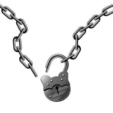 An open old large padlock with an iron chain isolated on white clipart