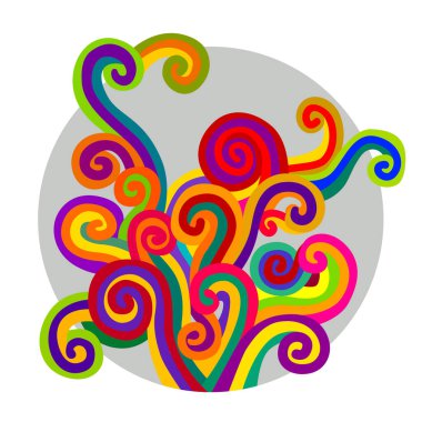 Yuvarlak bir çerçevede çok renkli kıvrımların soyut yılan şekilleri