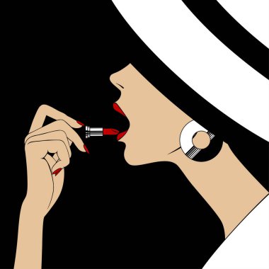 Profilde bir yüz ve siyah arka planda beyaz şapkalı bir kadının kırmızı rujlu dudaklarını boyayan bir el.