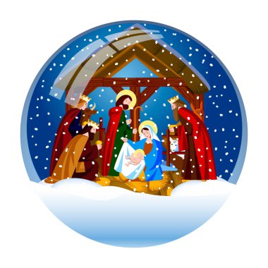 İçinde İsa 'nın doğuşunun sahnesi ve beyaz üzerine izole edilmiş büyücülerin tapınışının olduğu Noel Camı Kar Küresi.