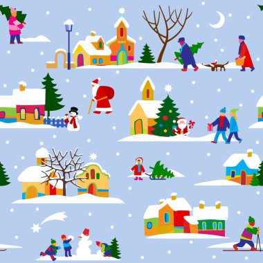 Noel ve Yeni Yıl 'ın pürüzsüz arka planında küçük çizgi film renkli evler ve dışarıdaki insanlar görülüyor. 
