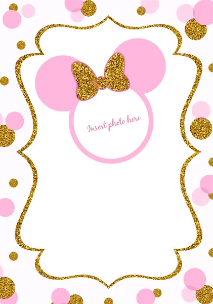 Lindo Minnie Mouse Invitación Con Oro Confeti Rosa Sobre Fondo — Foto de Stock