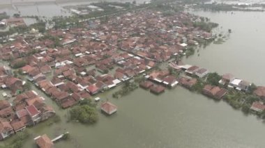 Demak, Central Java, Endonezya 'da ikamet edenlerin evlerinin hava aracıyla su altında kaldığı görüntüler. 4K insansız hava aracı videosu