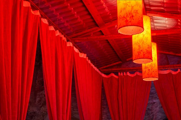 Chinese Style Red Tents Festive Chandeliers Built Weddings Indoors — Stock Photo, Image