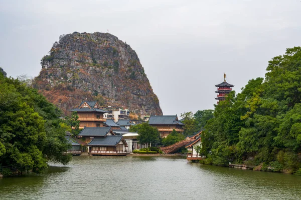 Mountain scenery and ancient Chinese buildings in Guilin, Guangxi, China