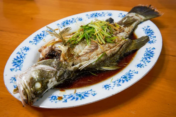 Delicious Steamed Sea Bass — Stock Photo, Image