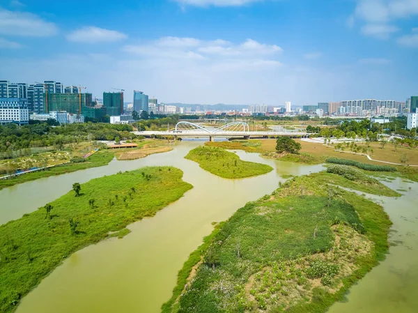 Aerial photography of a river swamp in a wetland park in a city