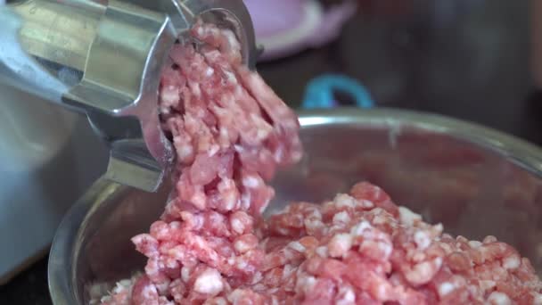 Commercial Meat Grinder Machine Operation Churning Minced Meat — Vídeo de Stock