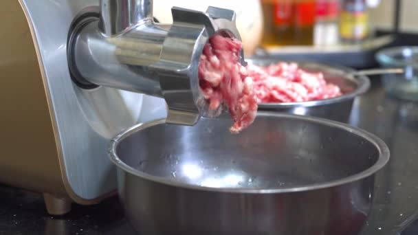 Commercial Meat Grinder Machine Operation Churning Minced Meat — Vídeo de stock