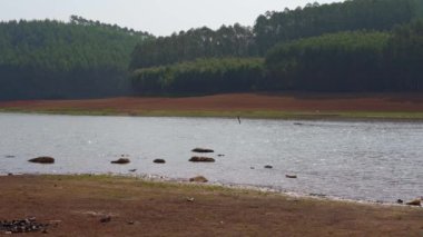 Reservoir, green hills, trees, lake scenery outdoors on a sunny day