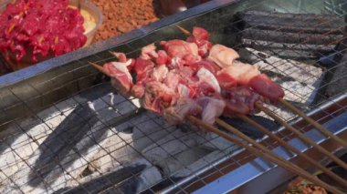 A person grilling outdoors, shish kebabs