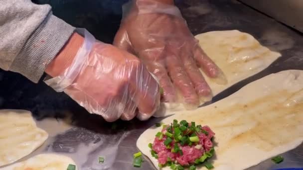 Chef Making Beef Pancakes — стоковое видео