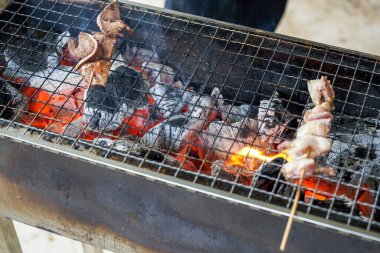 Bir grup insan dışarıda güçlü bir kömür ateşinin etrafında oturmuş ızgara yapıyor.