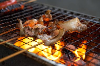 Bir grup insan dışarıda güçlü bir kömür ateşinin etrafında oturmuş ızgara yapıyor.